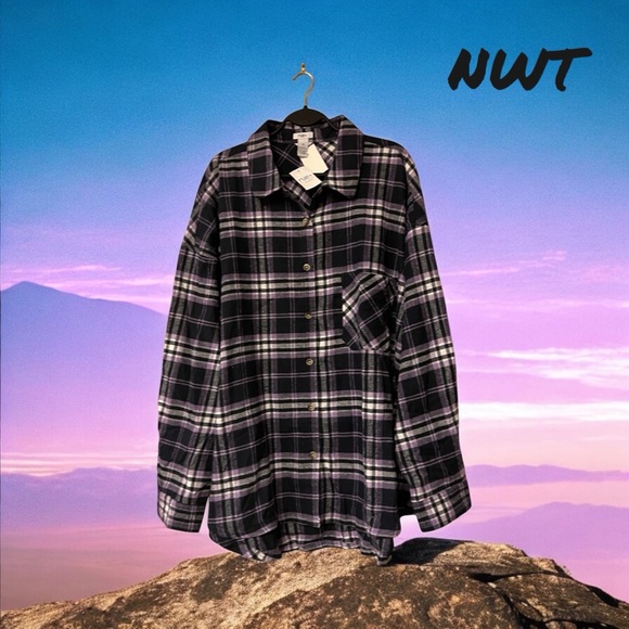 NWT Rue+ Purple/Navy/White Plaid Flannel Shirt - Picture 15 of 15